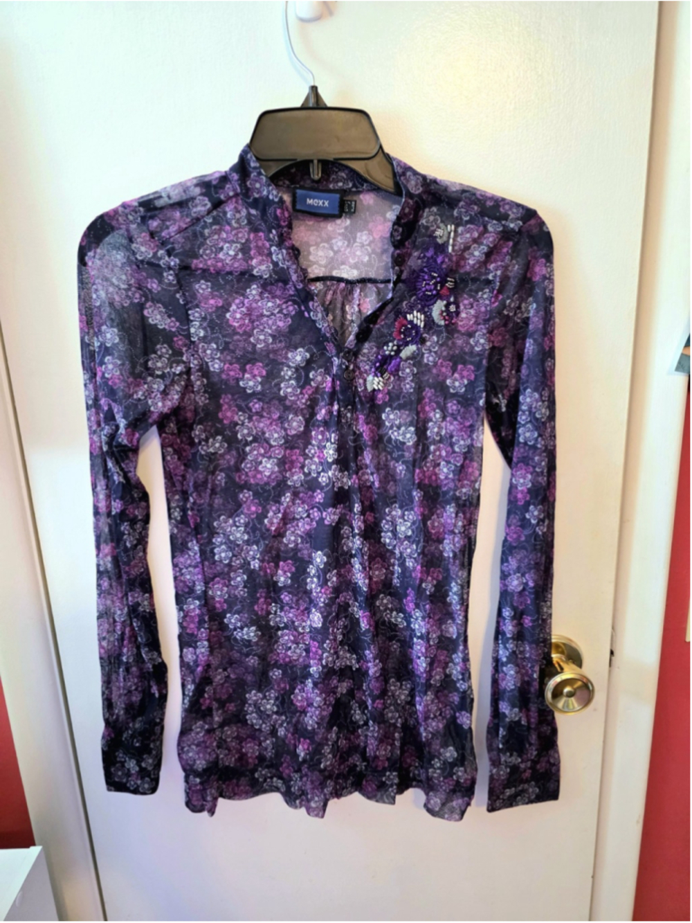 Y2k Sheer Mesh Floral Lace Blouse Long Sleeve Ruffle Womens XS Romantic Cottage